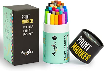 Acrylico Acrylic Paint Pens Set of 30 - Extra Fine Tip Point Pens with 6 Pastel Markers - Acrylico-Markers